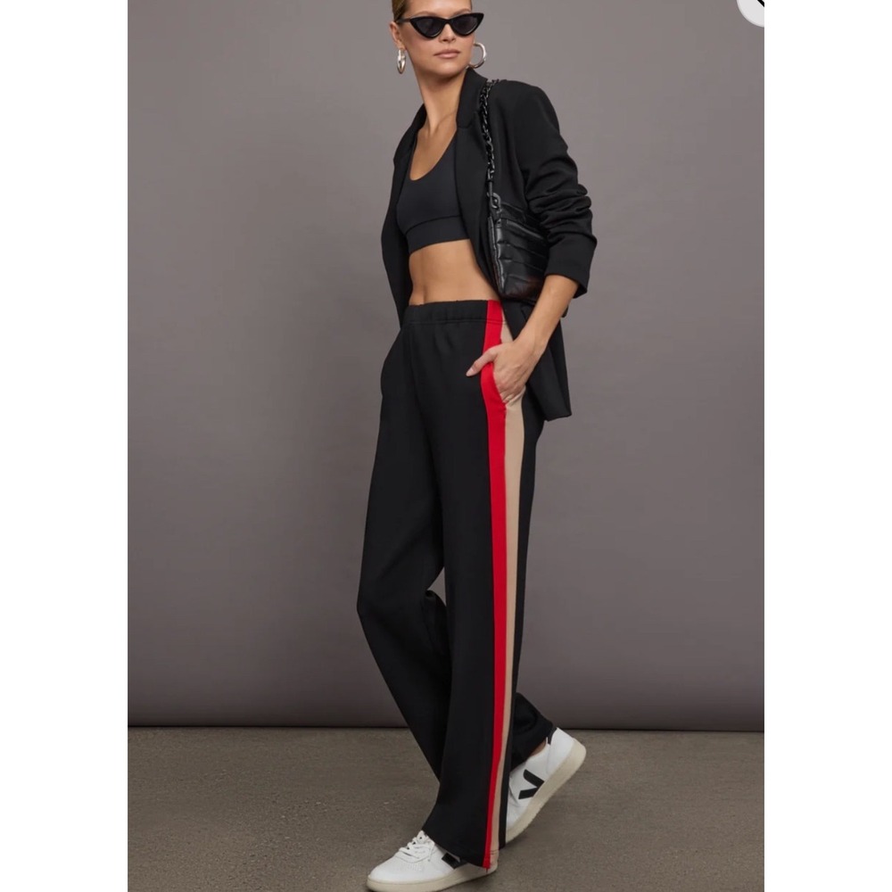 Carbon38 Black Track Pants with Red and Tan Side Stripes